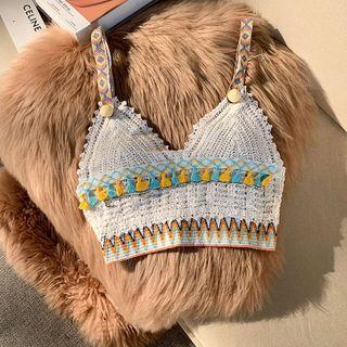 Tasseled Knit Camisole Top White & Blue & Yellow - One Size