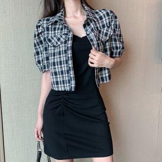 Plain Strappy Sheath Dress / Plaid Short-sleeve Shirt