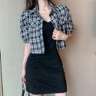 Plain Strappy Sheath Dress / Plaid Short-sleeve Shirt
