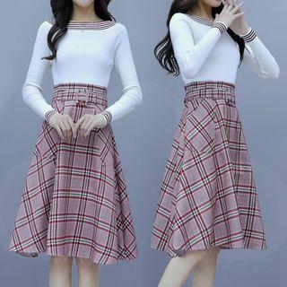 Set: Long-sleeve Striped Knit Top + High-waist Plaid A-line Skirt With Belt