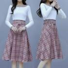 Set: Long-sleeve Striped Knit Top + High-waist Plaid A-line Skirt With Belt