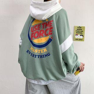 Letter Printed Long-sleeve Color Block Hooded Pullover