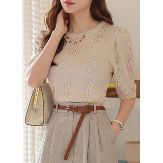 Puff-sleeve Sheer Rib-knit Top