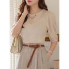 Puff-sleeve Sheer Rib-knit Top