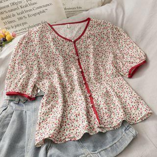 Contrasted Floral V-neck Shirt Red - One Size