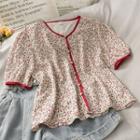 Contrasted Floral V-neck Shirt Red - One Size