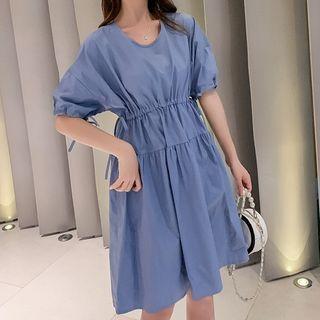 Ruched Elbow-sleeve Mini A-line Dress