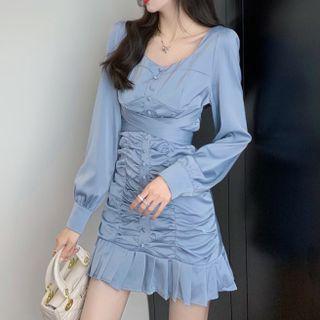 Long-sleeve Ruched Buckled Dress