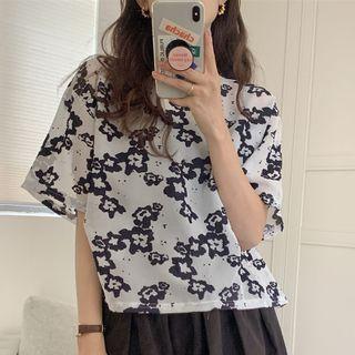 Elbow-sleeve Floral Print Top Floral - Blue & White - One Size