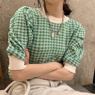 Round-neck Houndstooth Puff Short-sleeve Knit Top