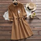Long-sleeve Pinstriped Cat Embroidered Shirtdress