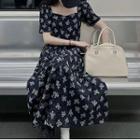 Puff-sleeve Square-neck Floral Print Cutout Midi A-line Dress