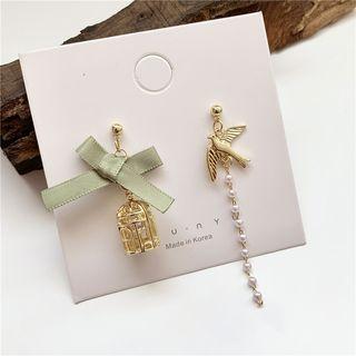 925 Sterling Silver Asymmetric Bird Dangle Earring / Clip-on Earring