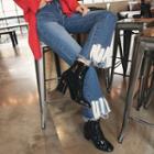 Furry-trim Washed Straight-cut Jeans