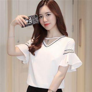 Perforated Trim Short Sleeve Chiffon Blouse