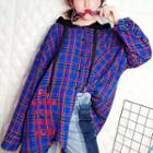 Plaid Letter Hooded Shirt Blue - One Size