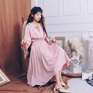 Long-sleeve Ruffle Collar Midi Chiffon Dress Pink - One Size