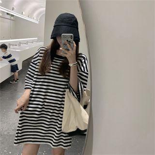Elbow-sleeve Striped Oversize T-shirt Stripe - One Size