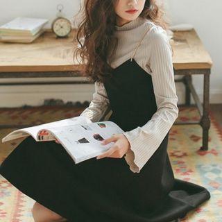 Plain Mock-neck Flare-sleeve Rib Knit Top