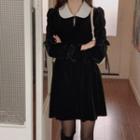 Long-sleeve Collared Velvet Mini A-line Dress