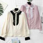 Tie-neckline Lace-trim Colorblock Shirt