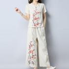 Set: Embroidered Short-sleeve Top + Wide Leg Pants