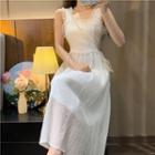 Sleeveless Ruffle Midi A-line Dress White - One Size