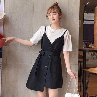 Set: Plain Elbow-sleeve T-shirt + Buttoned Spaghetti Strap A-line Dress