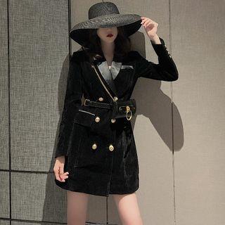 Double-breasted Thick Long Blazer Black - One Size