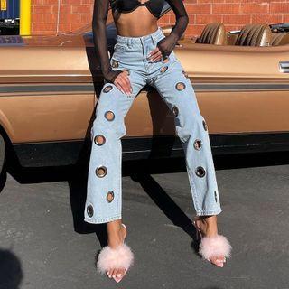 Eyelet Cutout Straight Leg Jeans