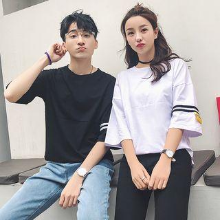 Couple Matching Elbow-sleeve Contrast-trim Top