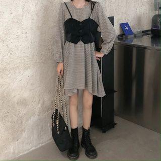 Long-sleeve Patterned Asymmetrical Hem Dress / Plain Cropped Camisole