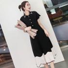 Short-sleeve Color Block A-line Midi Chiffon Dress