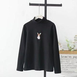 Long-sleeve Mock Neck Dog Embroidered T-shirt