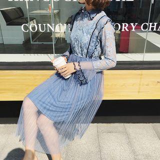 Contrast Trim Long Sleeve Pleated Midi Dress