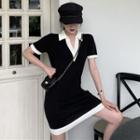 V-neck Collared Short-sleeve Knit Dress Black - One Size