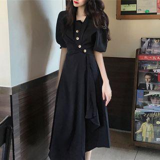 Puff Sleeve Buttoned Detail Asymmetric Hem A-line Dress