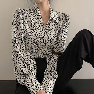 Leopard Print Tie-strap Cropped Blouse Black Leopard - White - One Size