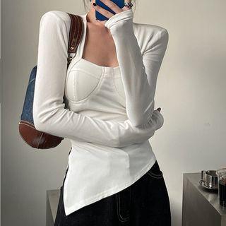 Long-sleeve Padded-shoulder Asymmetrical T-shirt