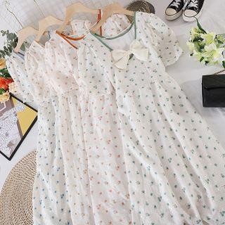V-neck Bow Floral Chiffon Dress