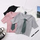 Cropped Knit Polo Top With Tie