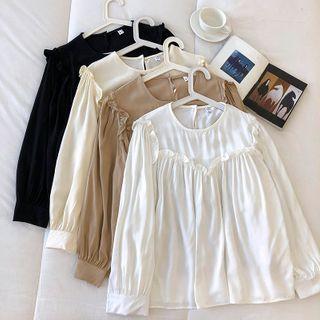 Long-sleeve Round Neck Plain Blouse