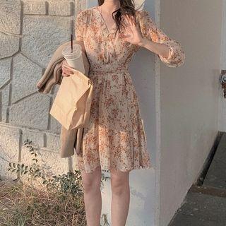Long-sleeve Floral Print A-line Wrap Dress