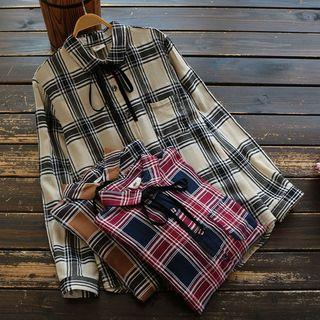 Long-sleeve Ribbon-tie Checked Shirt