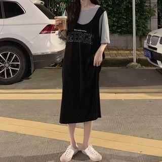 Elbow-sleeve Mock Two-piece Lettering Midi T-shirt Dress