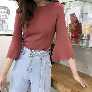 Scallop Elbow-sleeve Knit Sweater
