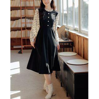 Long-sleeve Floral Print Panel Frill Trim Midi A-line Dress