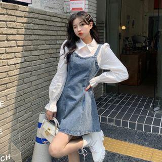 Mock Two-piece Denim Mini A-line Shirtdress