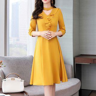 Tie Neck 3/4-sleeve Midi A-line Dress