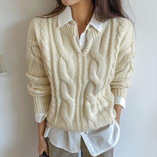 Open-placket Woolen Cable Sweater